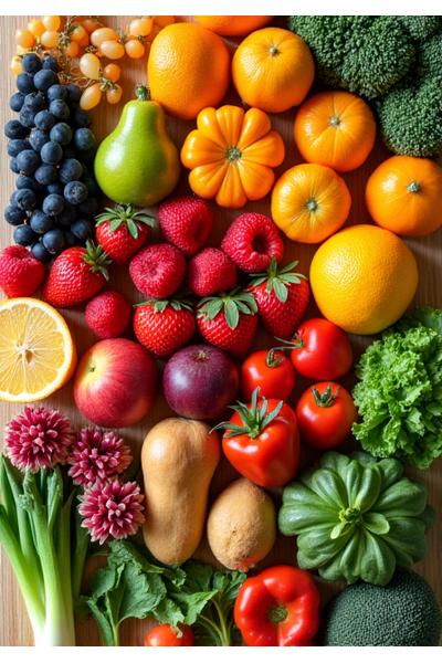 Pelbagai pilihan buah-buahan dan sayur-sayuran segar disusun rapi