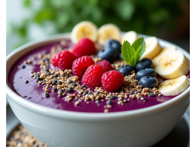 Vibrant Acai bowl topped with granola, sliced bananas, berries, and chia seeds.