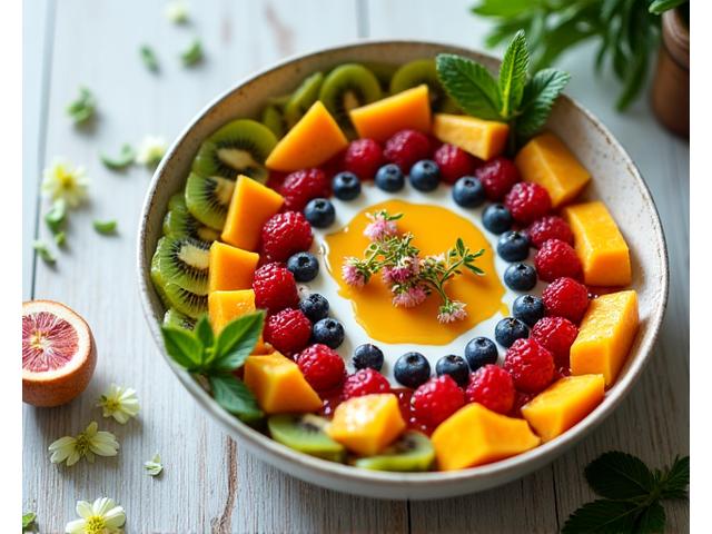Close-up of a meticulously arranged artisan fruit bowl with vibrant colors and various toppings.