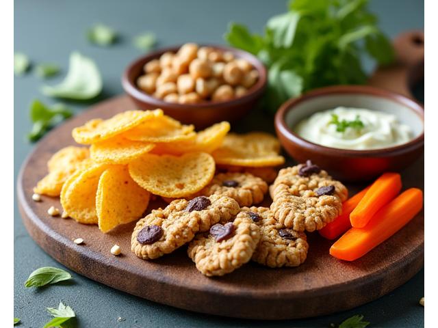 An assortment of healthy homemade snacks including fruit chips, mixed nuts, and energy balls beautifully arranged.