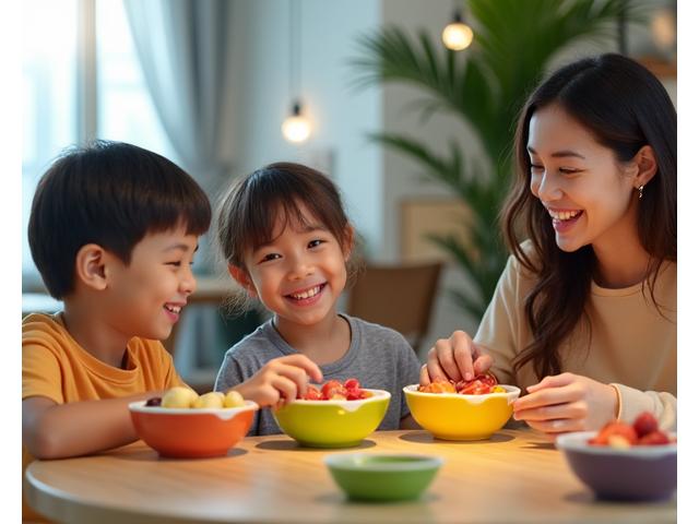 A happy family, including children, smiling and enjoying colorful fruit bowls together at a bright, natural light-filled cafe.