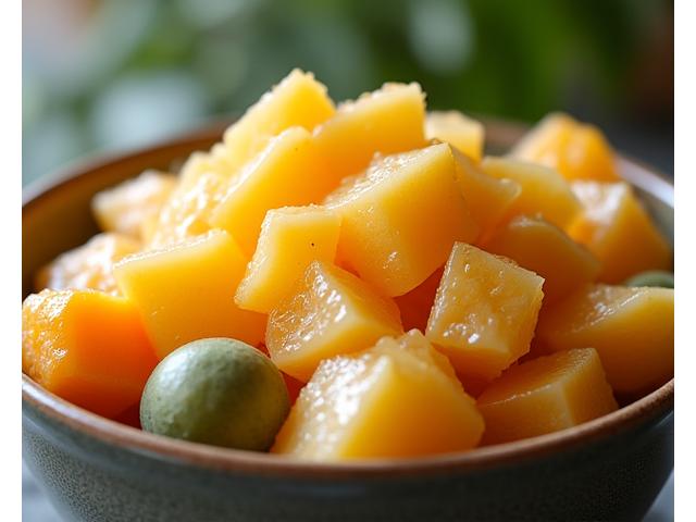 A luxurious fruit bowl featuring fresh durian flesh artfully combined with other tropical fruits and a drizzle of coconut cream, indicating a seasonal special.