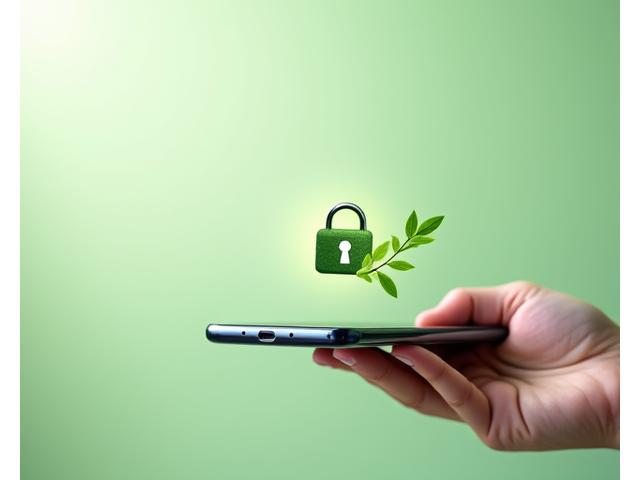 Tangan memegang telefon pintar dengan ikon kunci dan daun hijau, melambangkan perlindungan data peribadi.