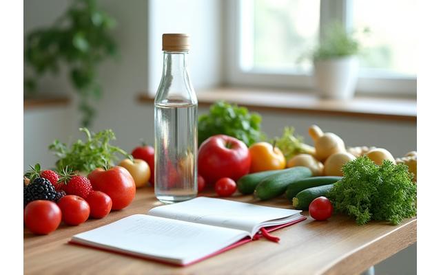 Meja dapur bersih dengan pelbagai buah-buahan dan sayur-sayuran segar yang berwarna-warni, buku nota dan pen, melambangkan persediaan detoks.