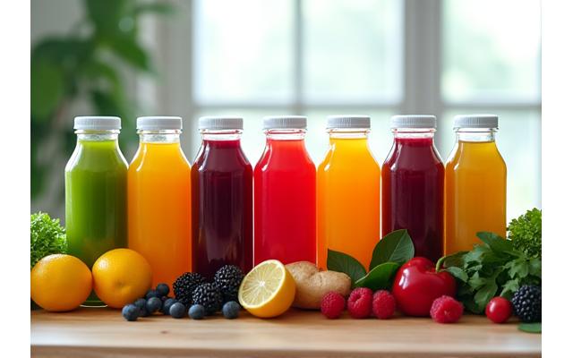 Meja dengan pelbagai botol jus berwarna-warni dan buah-buahan segar, menunjukkan program detoks Mutiara Buah Bar yang komprehensif.
