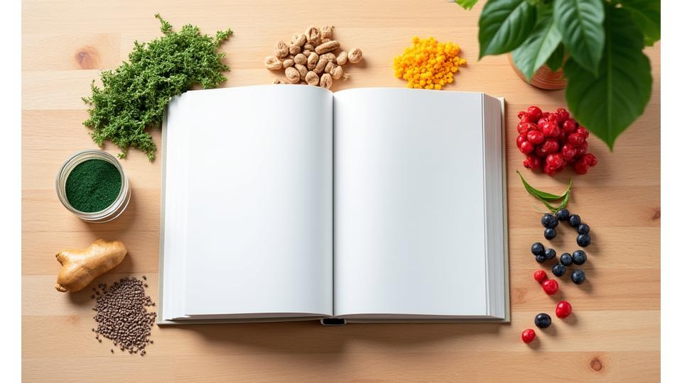 Buku terbuka di meja kayu dengan pelbagai jenis bijirin dan buah-buahan kering superfood di sekitar, menunjukkan pendidikan dan maklumat.