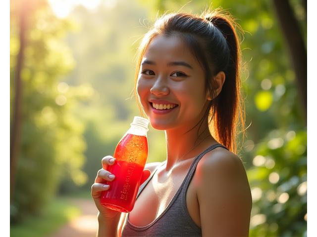 Seorang individu yang cergas dan bertenaga sedang menikmati jus di luar rumah, dengan latar belakang semula jadi yang cerah.
