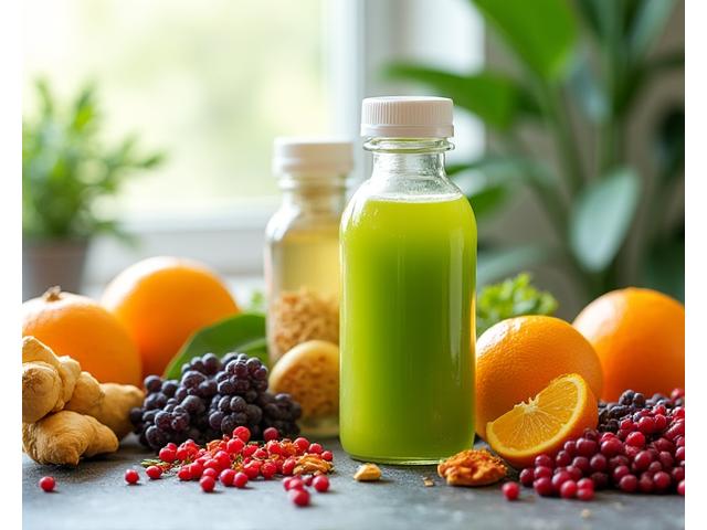 Pelbagai buah-buahan dan herba yang kaya antioksidan seperti oren, halia, kunyit, dan beri elderberry diatur menarik di sekeliling botol jus.