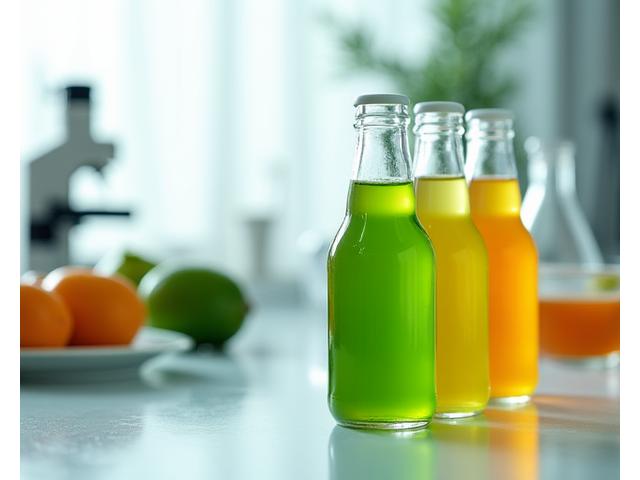 Meja makmal dengan sampel jus dan peralatan saintifik, menunjukkan ketelitian dalam formulasi jus fungsian.