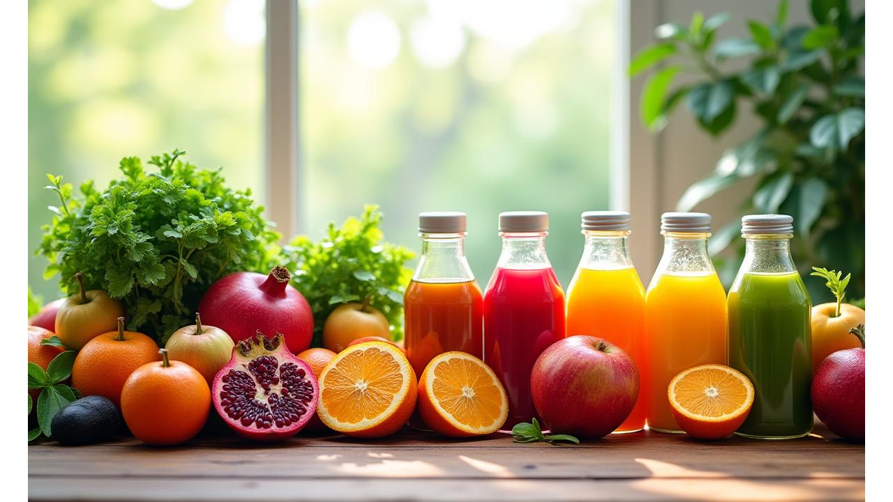 Buah-buahan organik segar dan jus yang diperah