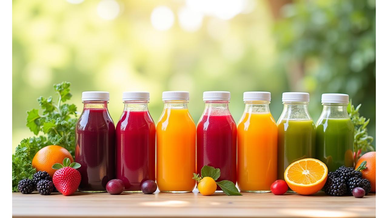 Pelbagai pilihan jus buah dan sayur segar berwarna-warni dalam botol kaca di rak kayu