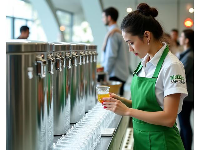 Kakitangan katering Mutiara Buah Bar sedang menyiapkan stesen jus dengan peralatan berkilat dan hiasan hijau.