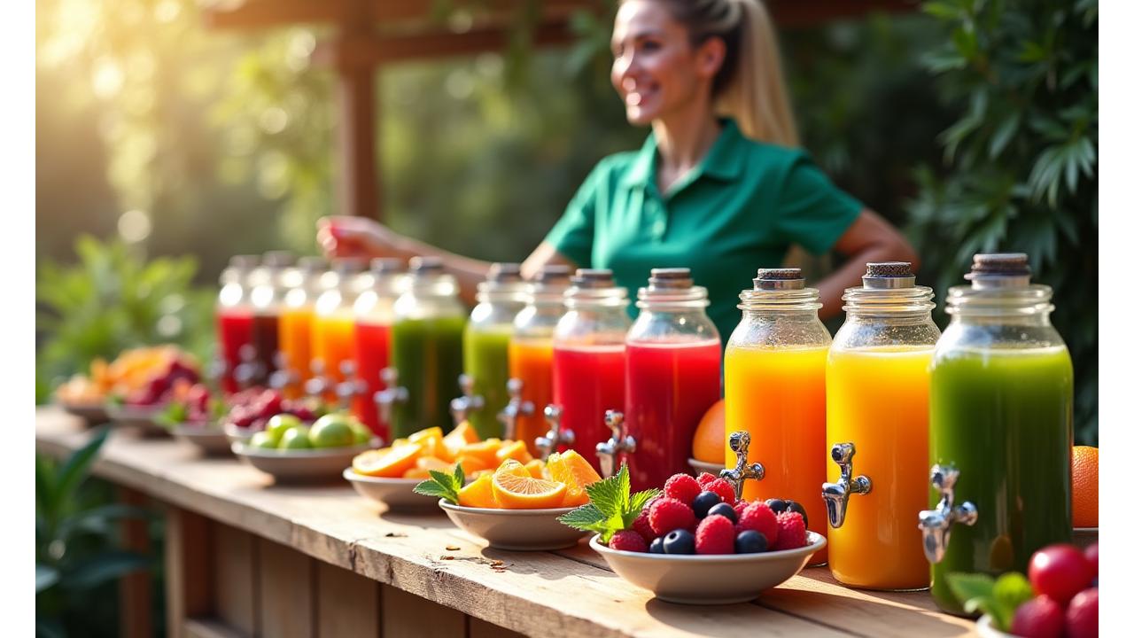 Meja katering jus yang elegan di sebuah acara korporat dengan pelbagai jus berwarna-warni dan buah-buahan segar.