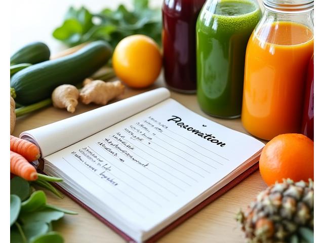 Buku nota dengan resipi jus peribadi diapit bersama jus buah segar dan sayur-sayuran.