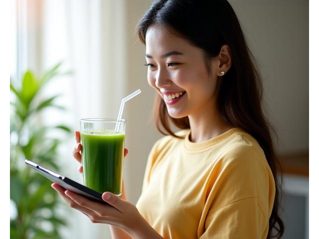 Wanita tersenyum ceria memegang jus hijau sambil melihat graf kemajuan berat badan di tabletnya.