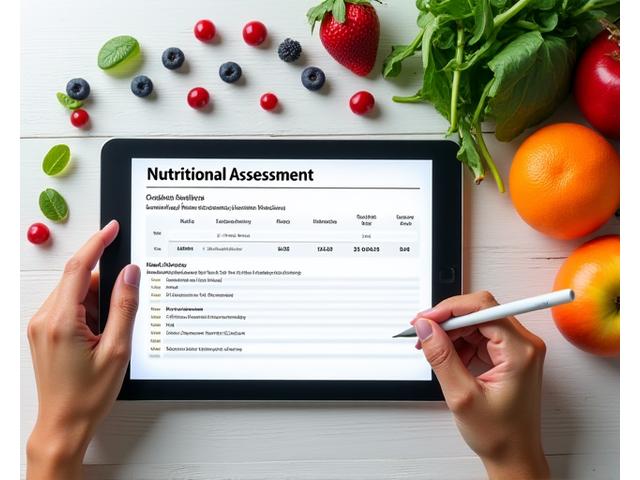 Borang penilaian nutrisi yang komprehensif diisi pada tablet dengan buah-buahan segar di latar belakang.