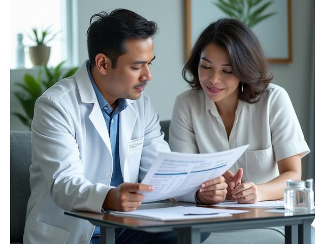 Pakar nutrisi sedang menunjuk carta nutrisi kepada pesakit di klinik, menunjukkan sokongan terhadap kondisi perubatan tertentu.