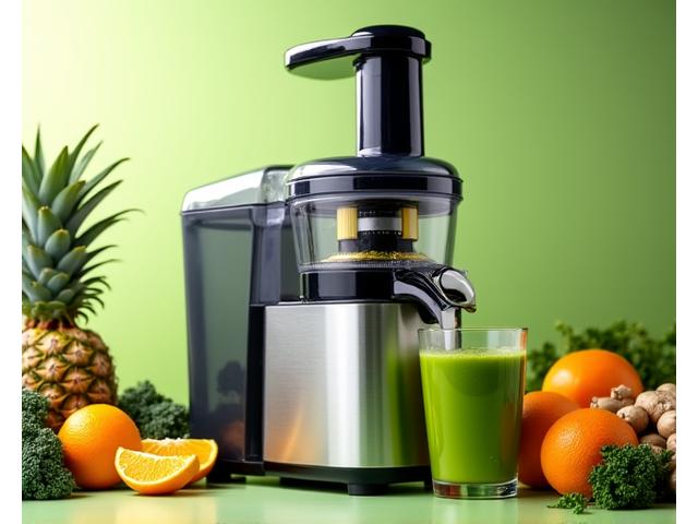 Mesin cold-press moden sedang membuat jus dengan buah-buahan