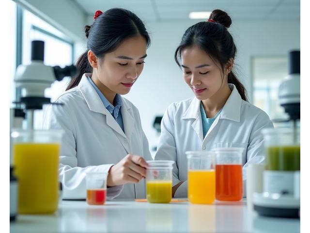 Ahli pasukan sedang menguji minuman jus inovatif baharu di makmal