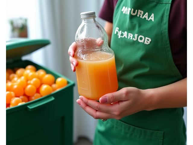 Kakitangan Mutiara Buah Bar menunjukkan botol jus yang boleh dikitar semula dan tong kompos